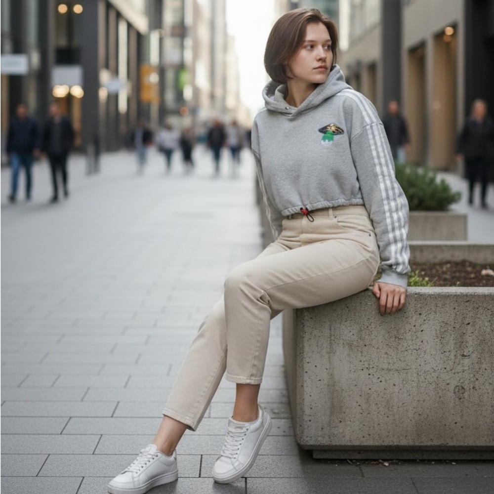 Adidas x Fiorucci Cropped Hoodie - Light Grey - Size XS
